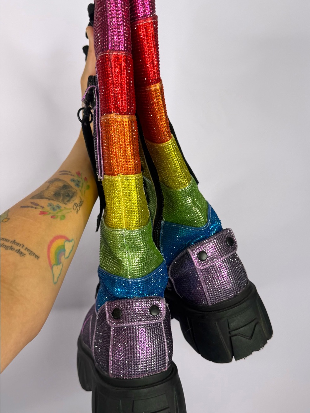 Club Exx Rainbow Rhinestone Platform Combat Boots, sz 9 - Picture 5 of 5